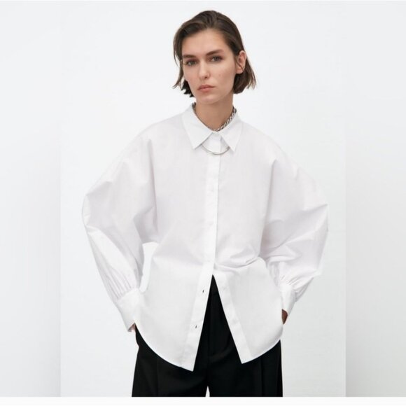 ZARA | White Poplin Shirt with Voluminous Sleeves Seashell Buttons Size S - Picture 1 of 7